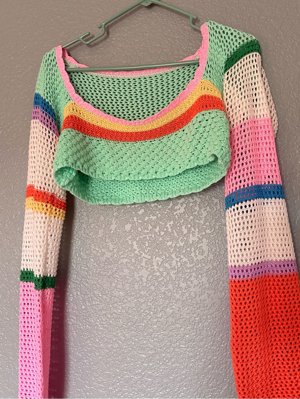 Striped Mint Crochet Knit Cropped Sweater